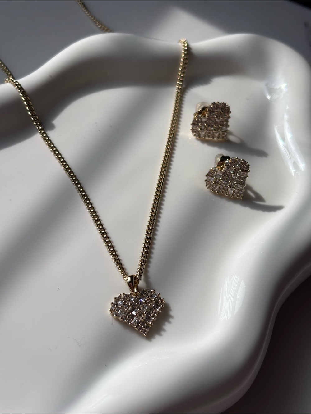 Gold Heart Pendant Necklace and Stud Earrings Set with Clear Crystals